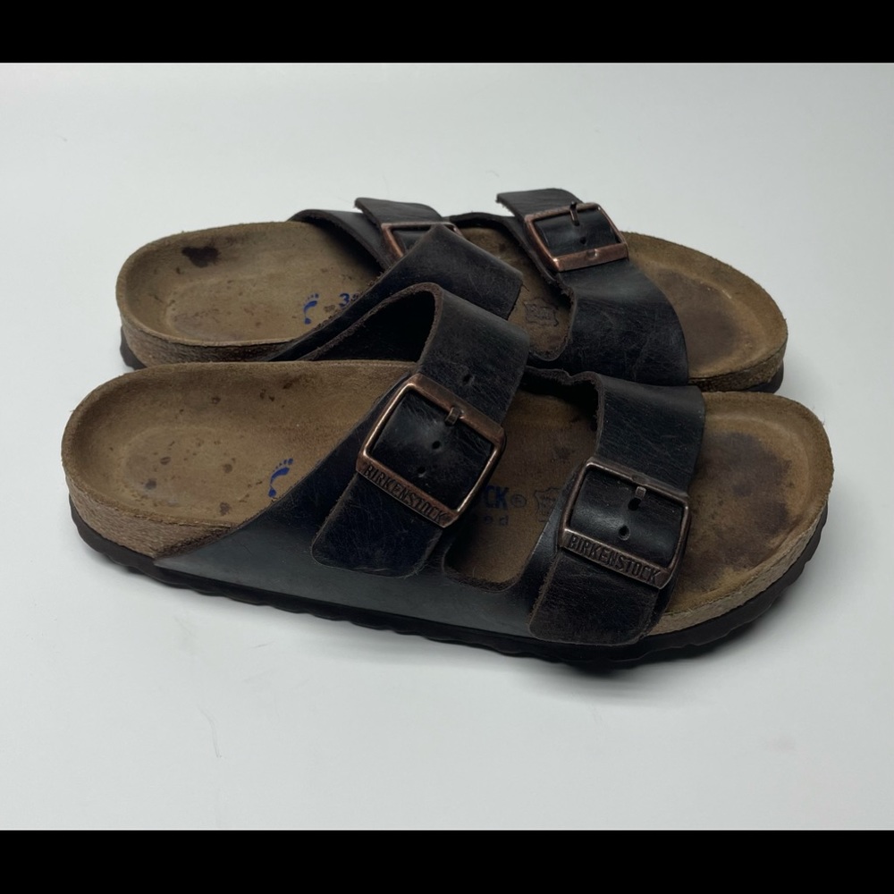 Birkenstock Womens 38 EU - dark brown with copper color buckles